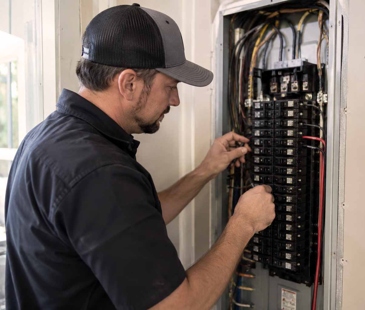 Professional electrician performing a panel upgrade in Burlington NC